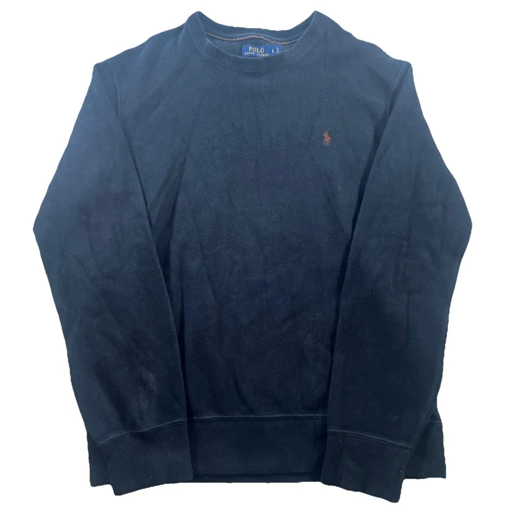 Polo Ralph Lauren Cotton Knit Black Pullover Sweater L Crew Neck Logo Brown Pony